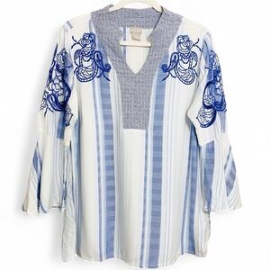 Chico’s Boho Blue & White Stripe Floral Paisley Embroidered Bell Sleeve Blouse‎